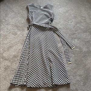 Sleeveless Calvin Klein Houndstooth A-Line Dress with Waist Tie - Black & White